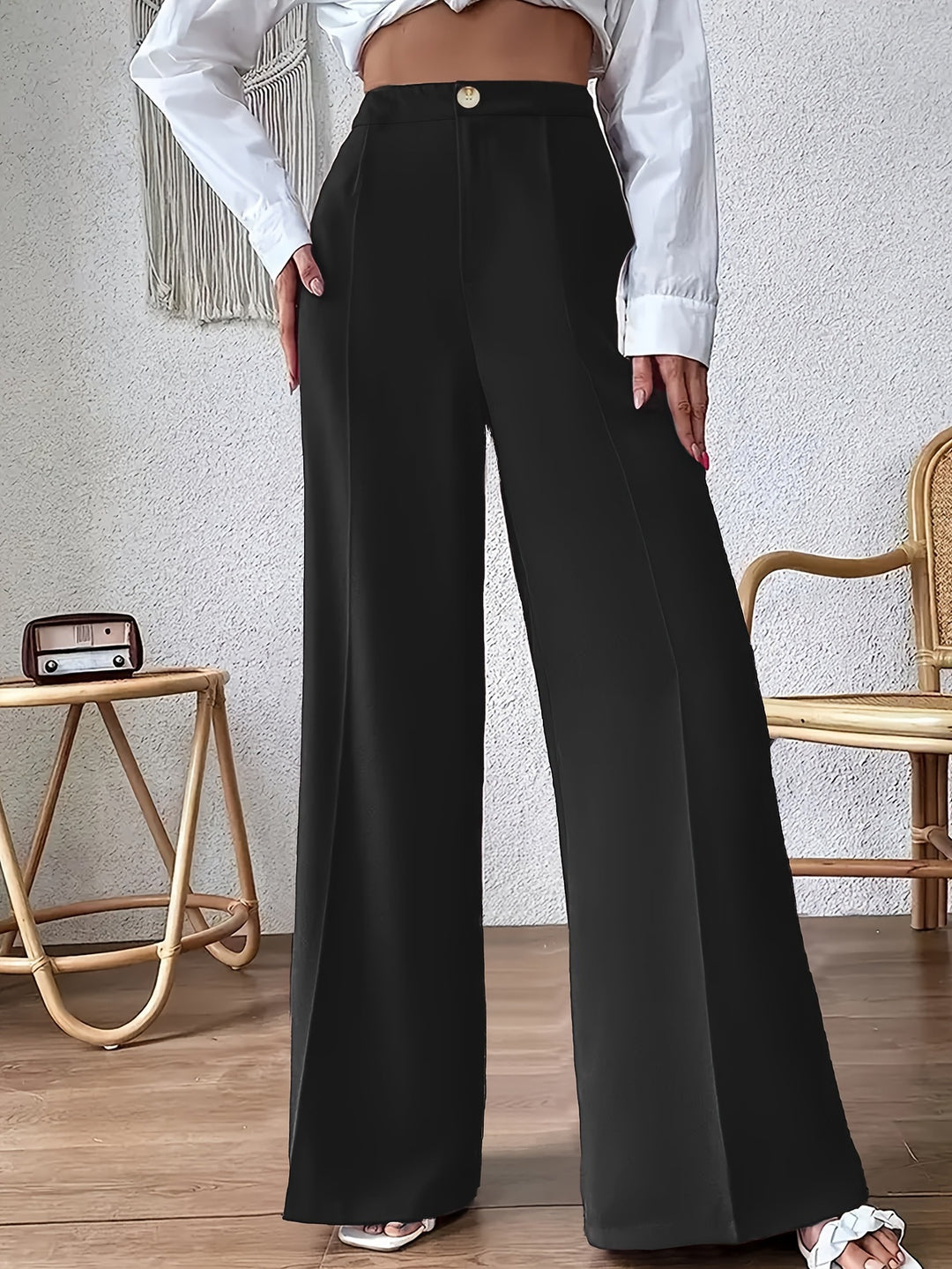 Damen weite Palazzo-Hose mit elegantem Hohe-Taillen-Schnitt und Knopf-Detail Drune
