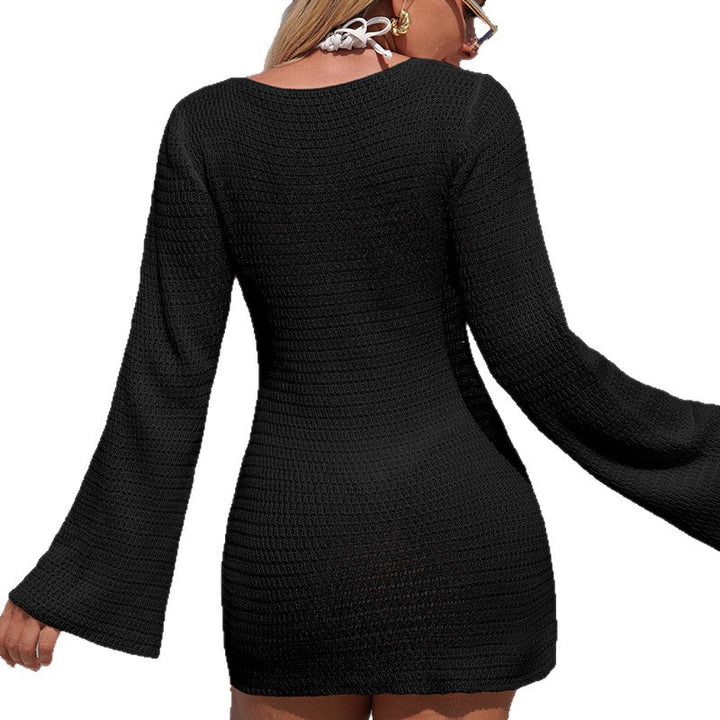 Damen Häkel-Strandkleid mit tiefem V-Ausschnitt und Glockenärmeln Drune