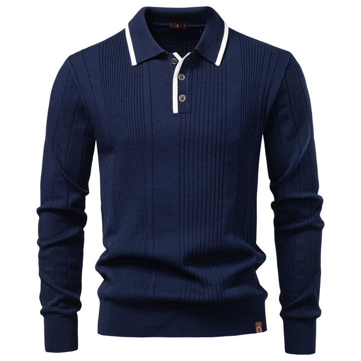 Herren nan langärmeliger Polopullover aus Feinstrick mit vertikalen Rippenintarsien und Kontrastkanten Drune