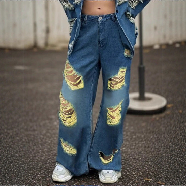 Damen weite Destroyed-Denim-Jeans mit Neonfransen-Applikation Drune