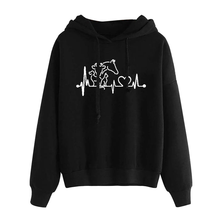 Damen nan leichter Oversize Kapuzenpullover mit Herz‑EKG‑Motiv, langen Kordeln und elastischem Bund Drune