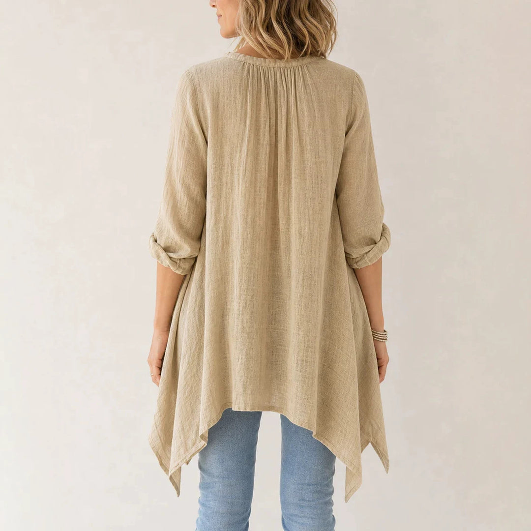 Damen Lässige Tunika-Bluse mit asymmetrischem Saum, feiner Waffelstruktur und Kellerfalten Drune