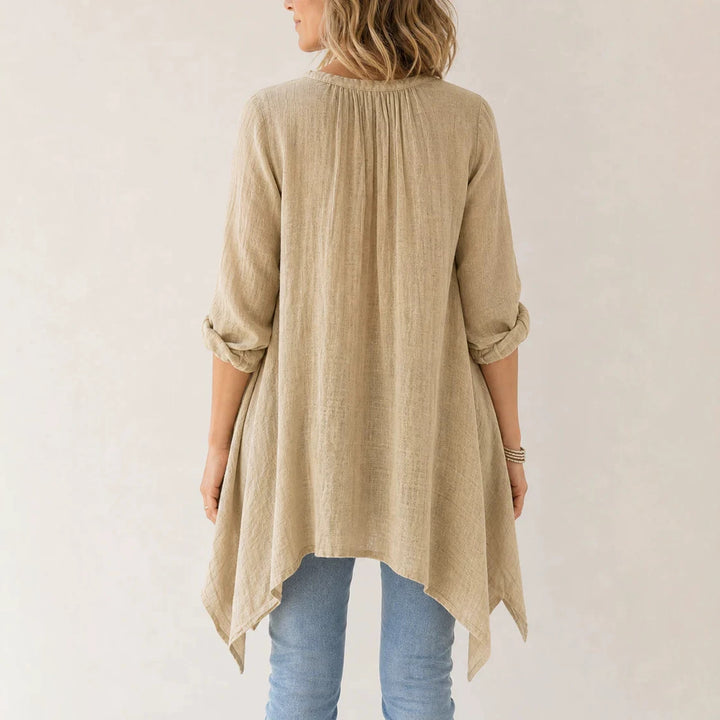 Damen Lässige Tunika-Bluse mit asymmetrischem Saum, feiner Waffelstruktur und Kellerfalten Drune