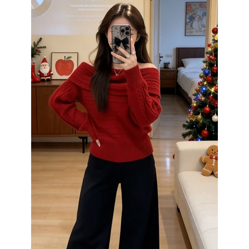 Damen Off-Shoulder Strickpullover mit Rippstruktur Drune