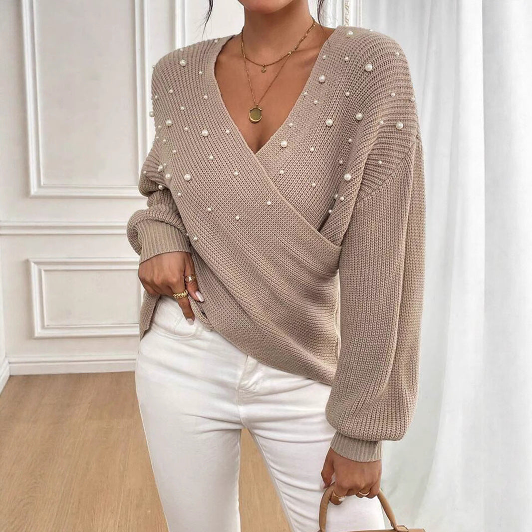 Damen offener Strickpullover mit Perlendetails Drune
