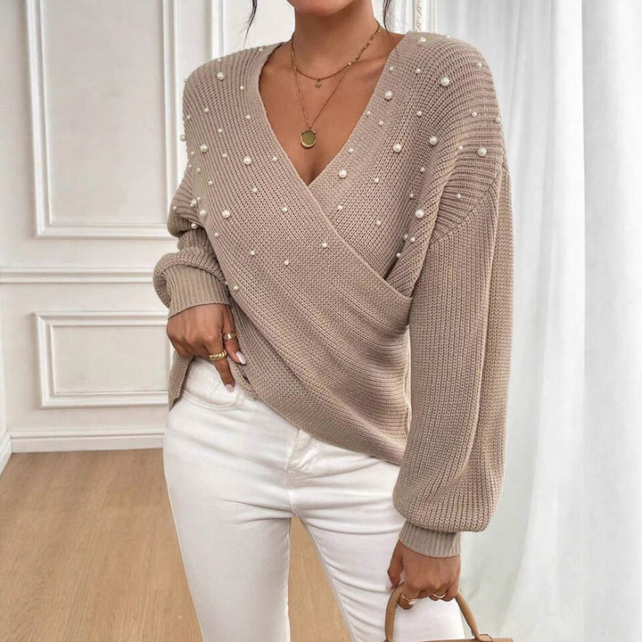 Damen offener Strickpullover mit Perlendetails Drune