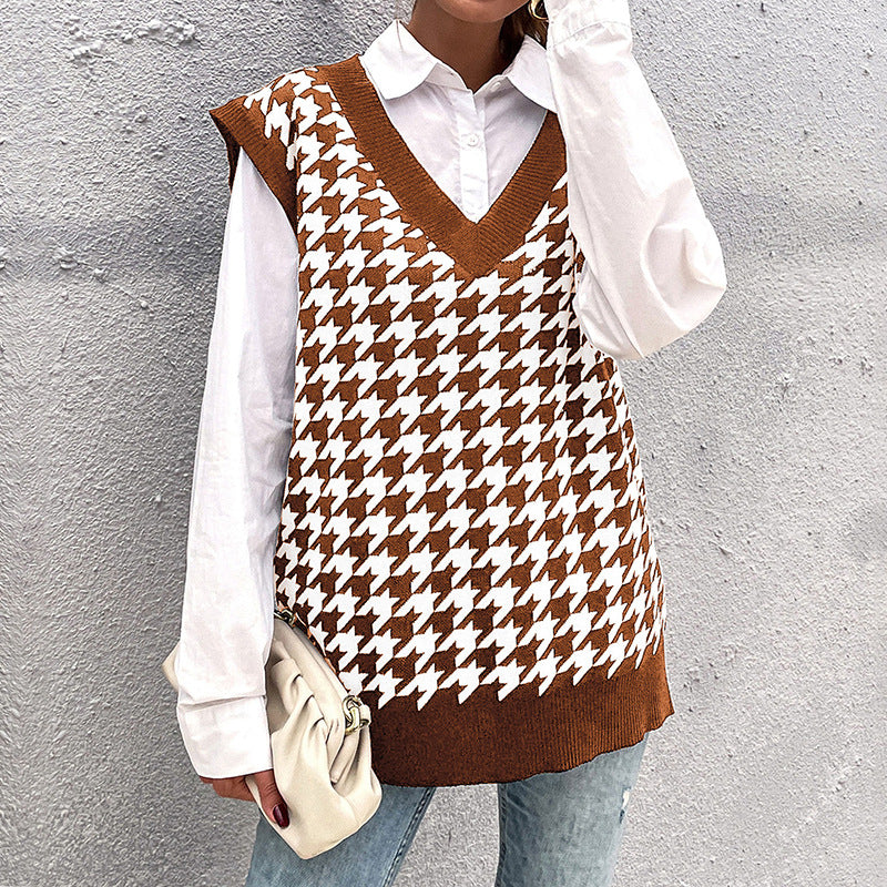 Damen Oversize Strickweste mit Hahnentritt‑Muster und tiefem V‑Ausschnitt Drune