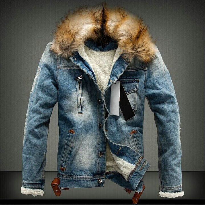 Herren Denim-Truckerjacke mit Teddyfutter, Kunstfellkapuze und Used-Details Drune