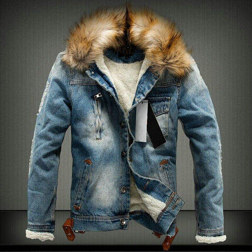 Herren Denim-Truckerjacke mit Teddyfutter, Kunstfellkapuze und Used-Details Drune