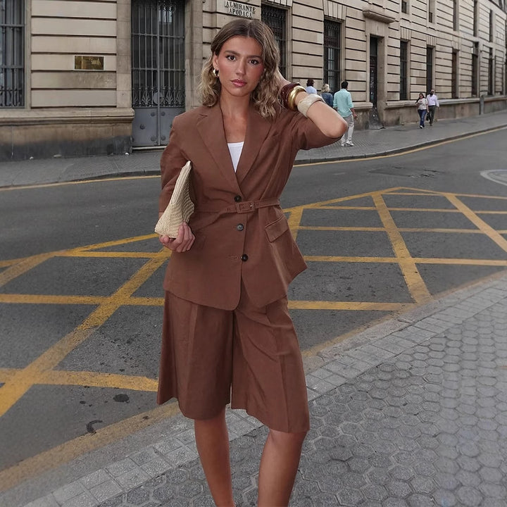 Damen Leinen-Mix taillierter Blazer mit Gürtel, 3/4-Ärmeln & Pattentaschen Drune