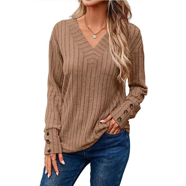 Damen lässiger V-Ausschnitt Pullover mit strukturiertem Rippdesign und eleganten Knopfdetails Drune