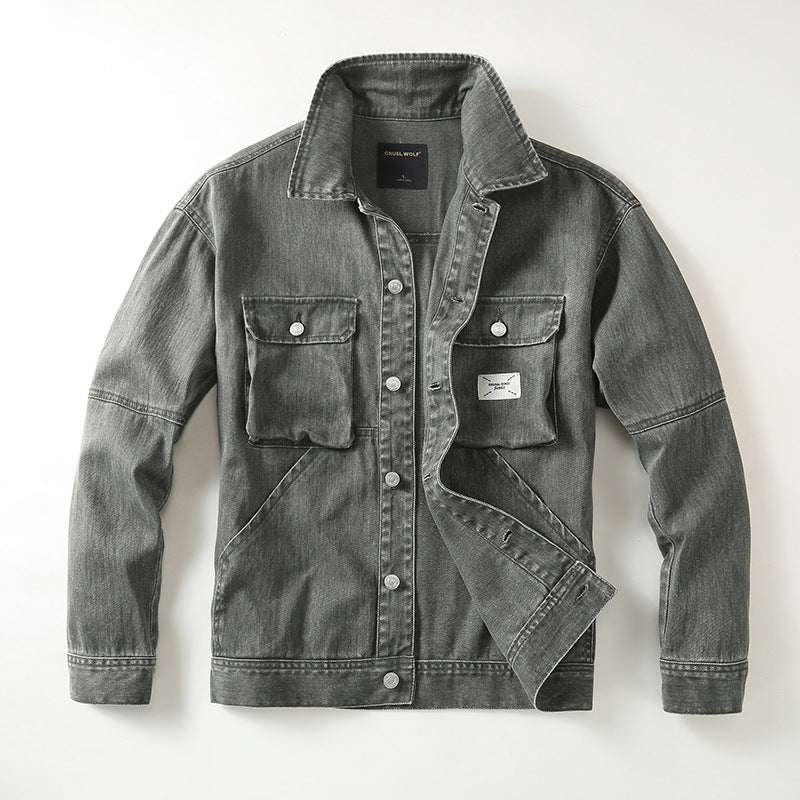 Herren Utility-Denimjacke mit Oversized-Brusttaschen und durchgehender Knopfleiste Drune