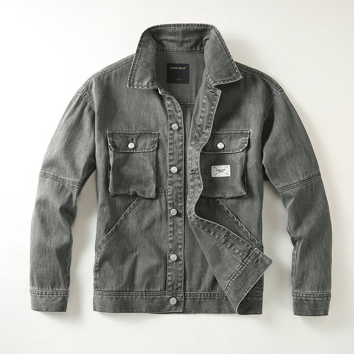 Herren Utility-Denimjacke mit Oversized-Brusttaschen und durchgehender Knopfleiste Drune
