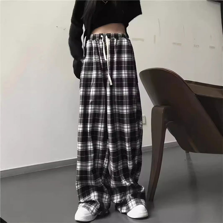 Damen weite Karohose mit elastischem Bund und Bindegürtel Drune