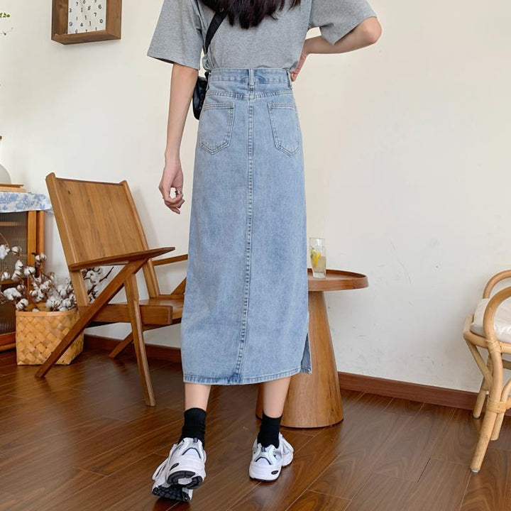 Damen Langer Denim-Rock mit schickem Schlitz Drune
