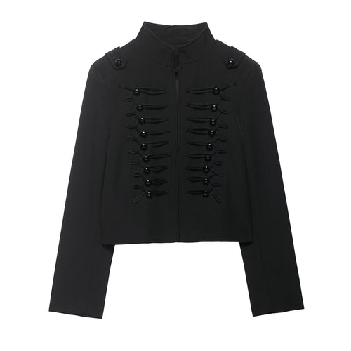 Damen Cropped Militärblazer mit Stehkragen und dekorativen Froschverschlüssen Drune