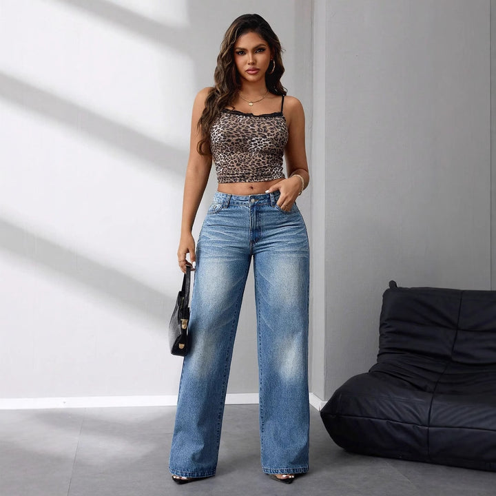 Damen weit geschnittene High-Waist Jeans im lässigen Vintage-Stil Drune