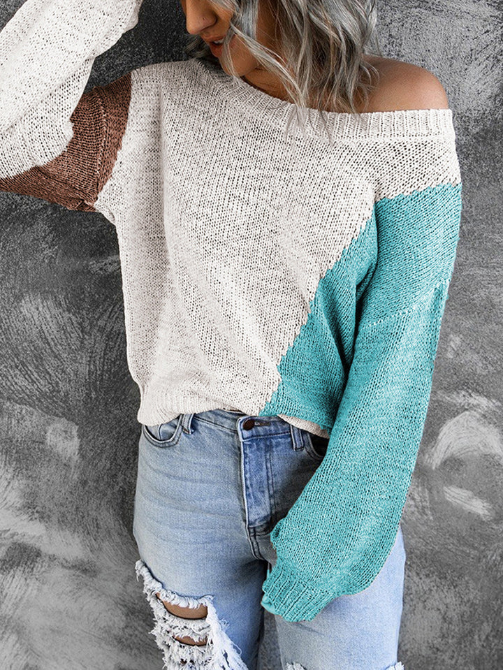 Damen Oversize Strickpullover mit Carmenausschnitt und Colorblock-Design Drune