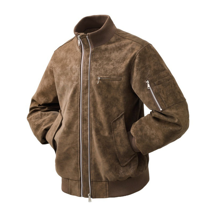 Herren Veloursleder-Optik Bomberjacke mit zweiwege-reißverschluss, Ärmel-Tasche und elastischen Rippenbündchen Drune