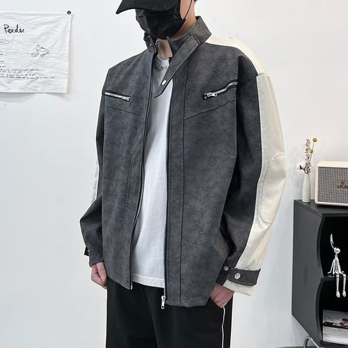 Herren Kontrastärmeliges Oversized Kunstleder-Utility-Jacke mit Stehkragen Drune