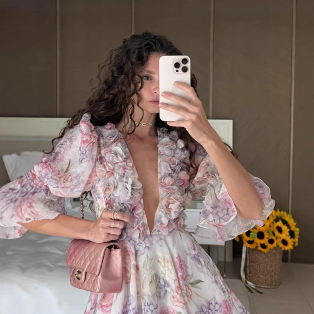 Damen Fließendes Maxikleid mit romantischen Rüschendetails und floralem Muster Drune