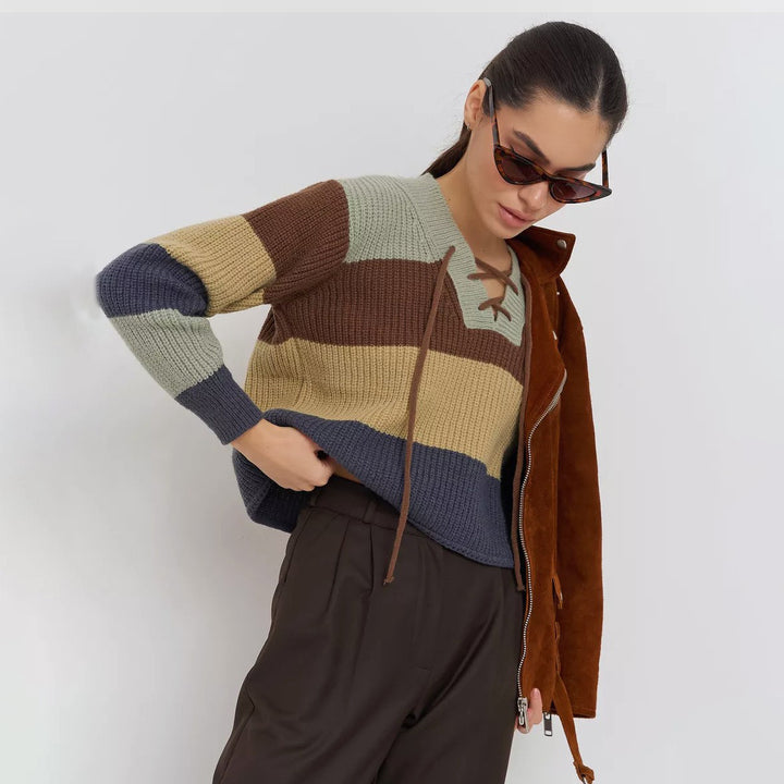 Damen Strickpullover mit lässigem V-Ausschnitt und dekorativem Schnürdetail Drune