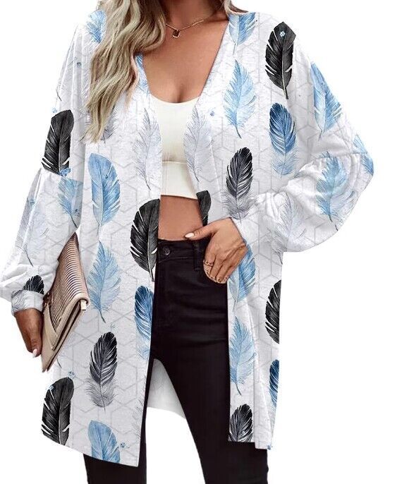 Damen Leichter Offener Longcardigan mit Federmotiv und Oversize-Ärmeln Drune