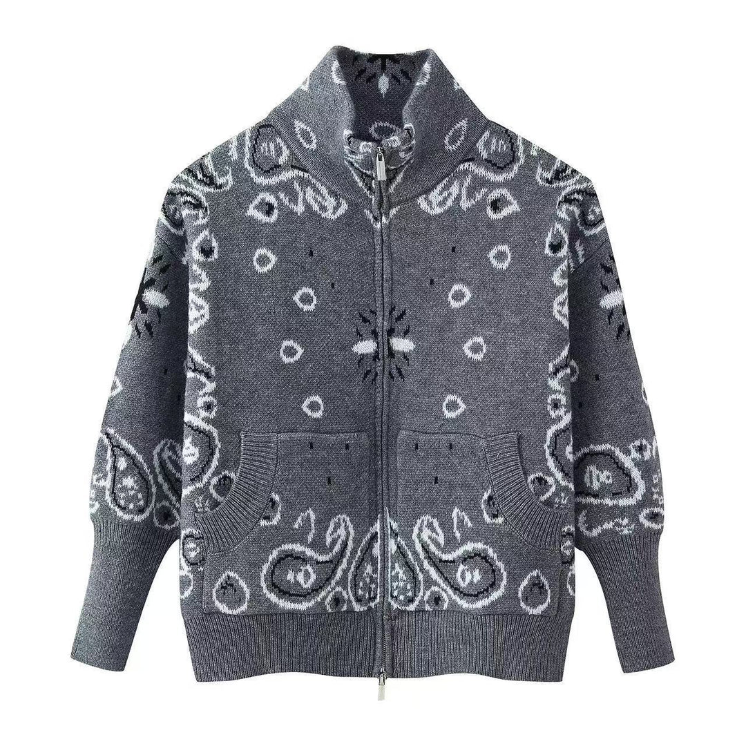 Damen Grobgestrickte Strickjacke mit Reißverschluss, Paisley‑Jacquard und Stehkragen Drune
