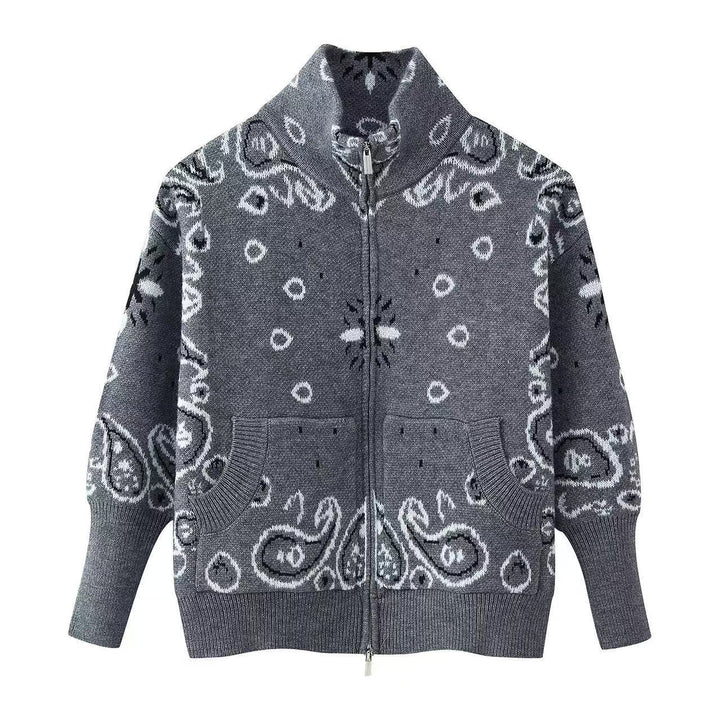 Damen Grobgestrickte Strickjacke mit Reißverschluss, Paisley‑Jacquard und Stehkragen Drune