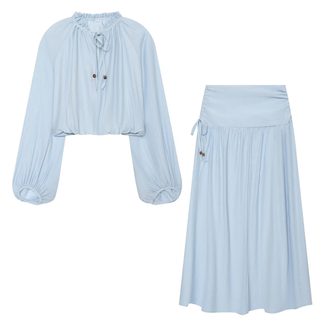 Damen Leichtes plissiertes Crop-Top mit Rüschenkragen und Kordelzug Drune