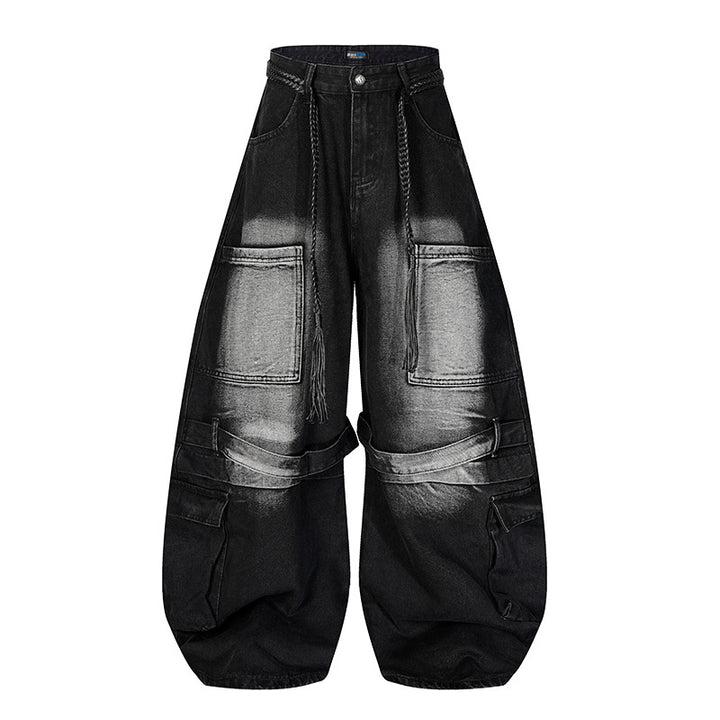 Damen Weite Denim-Cargo-Hose im Balloon-Schnitt mit großen Aufsatztaschen und geflochtenem Gürtel Drune