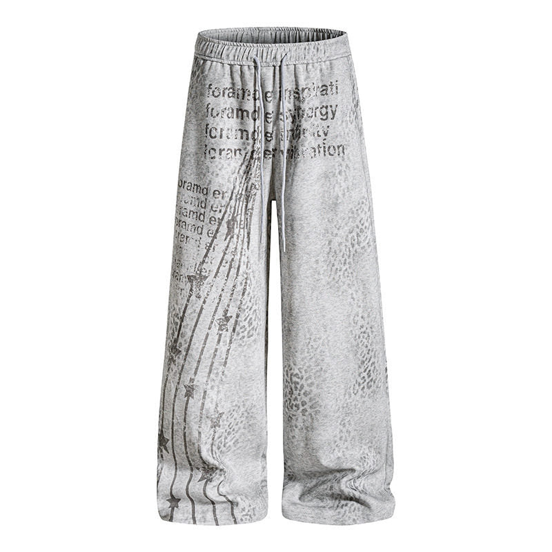 Damen Weite Palazzo-Joggpants mit Tunnelzugbund, Statement-Print und Vintage-Waschung Drune