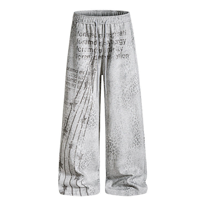 Damen Weite Palazzo-Joggpants mit Tunnelzugbund, Statement-Print und Vintage-Waschung Drune