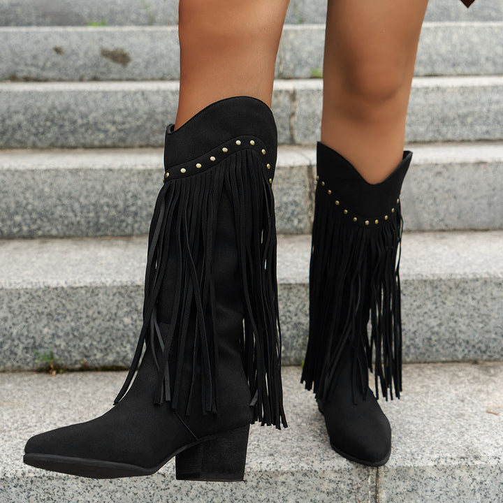 Damen Wadenhohe Wildleder Westernstiefel mit langen Fransen und Ziernieten Drune