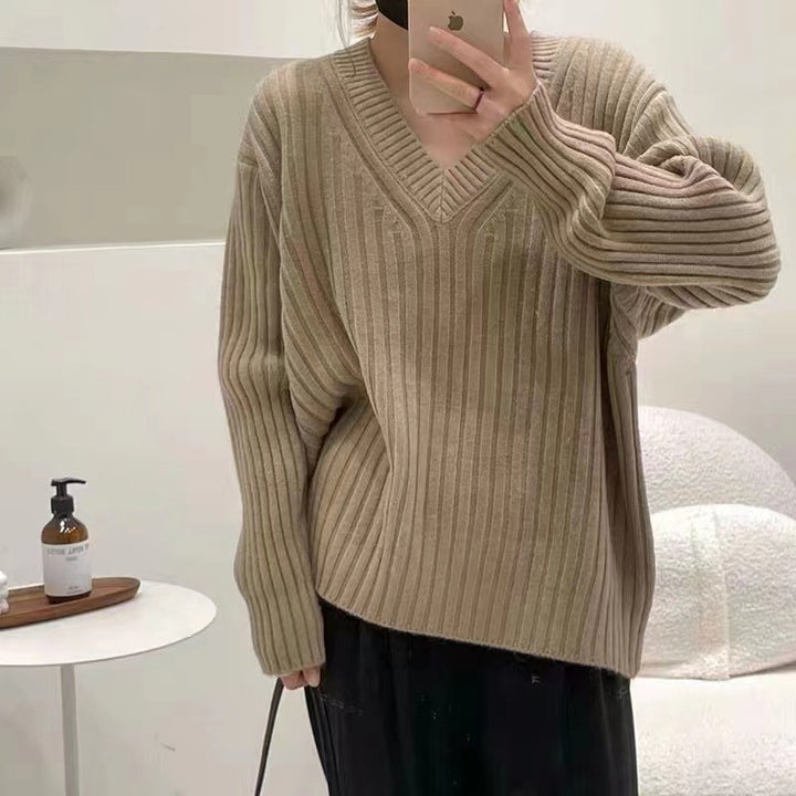 Damen Viskose-Strickpullover mit V-Ausschnitt und geripptem Design Drune