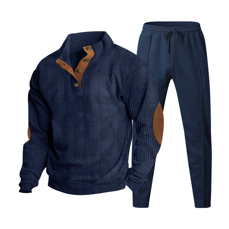 Herren Strukturiertes Henley-Loungewear-Set mit Ellenbogen-Patches & tapered Jogginghose Drune
