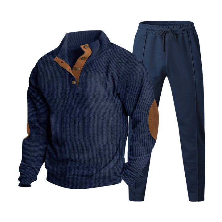 Herren Strukturiertes Henley-Loungewear-Set mit Ellenbogen-Patches & tapered Jogginghose Drune