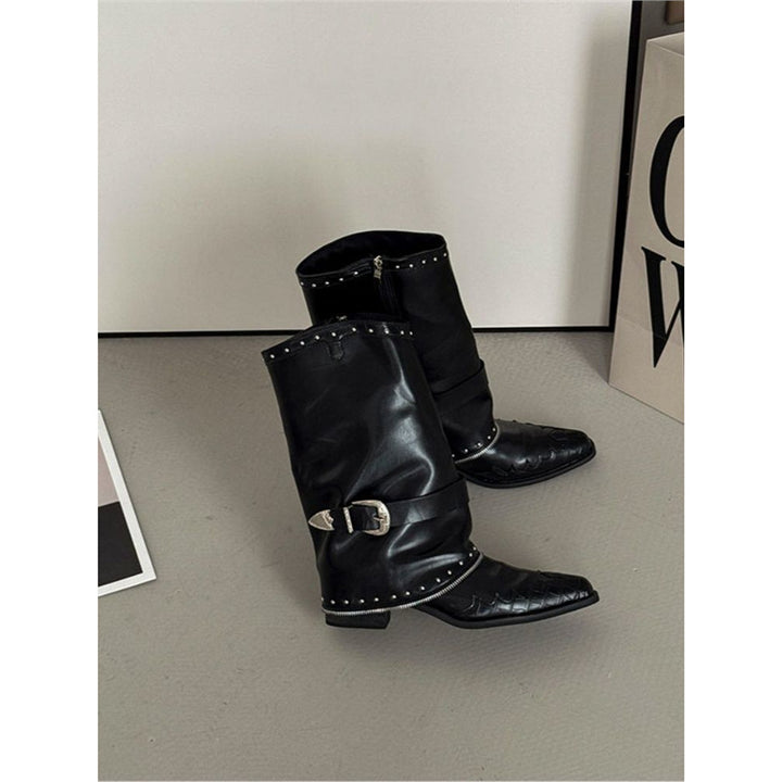 Damen Biker‑Western Midcalf‑Stiefel mit Ziernieten, Schnallenriemen und geprägter Zehenkappe Drune