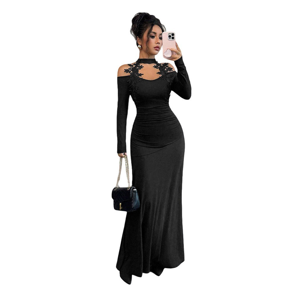Damen figurbetontes Abendkleid mit schulterfreier Ärmelgestaltung und floralen Akzenten Drune