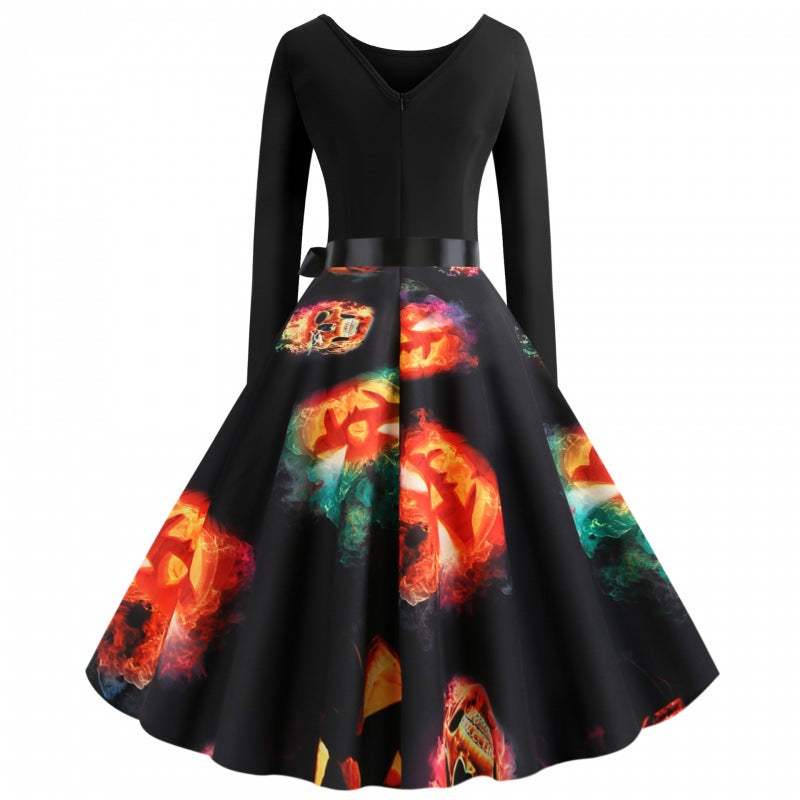 Damen Vintage-inspiriertes A-Linien-Kleid mit Kürbis-Print und Taillenschleife Drune