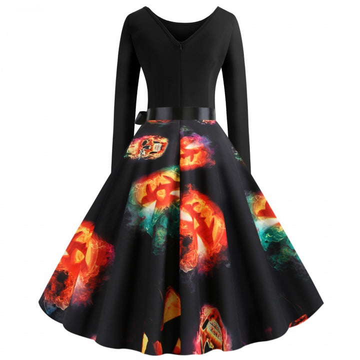 Damen Vintage-inspiriertes A-Linien-Kleid mit Kürbis-Print und Taillenschleife Drune