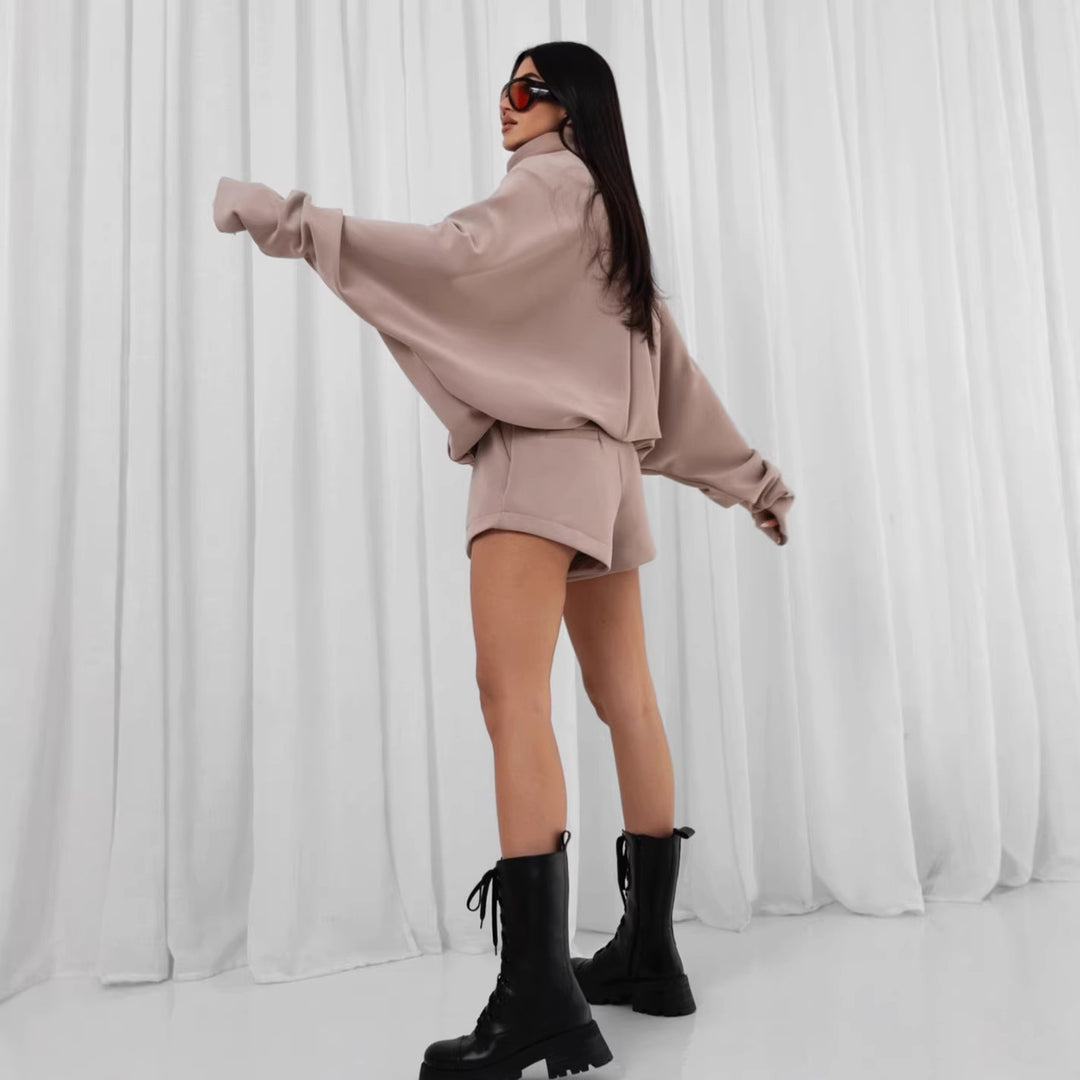 Damen Oversize Kapuzenjacke und Shorts-Set mit durchgehendem Reißverschluss Drune