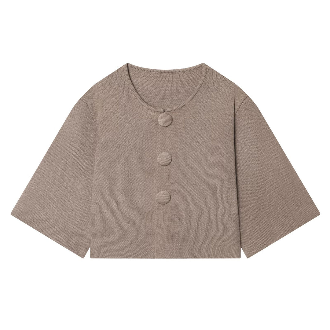 Damen Kurzgeschnittene Strickjacke mit überbreiten Ärmeln und bezogenen Knöpfen Drune