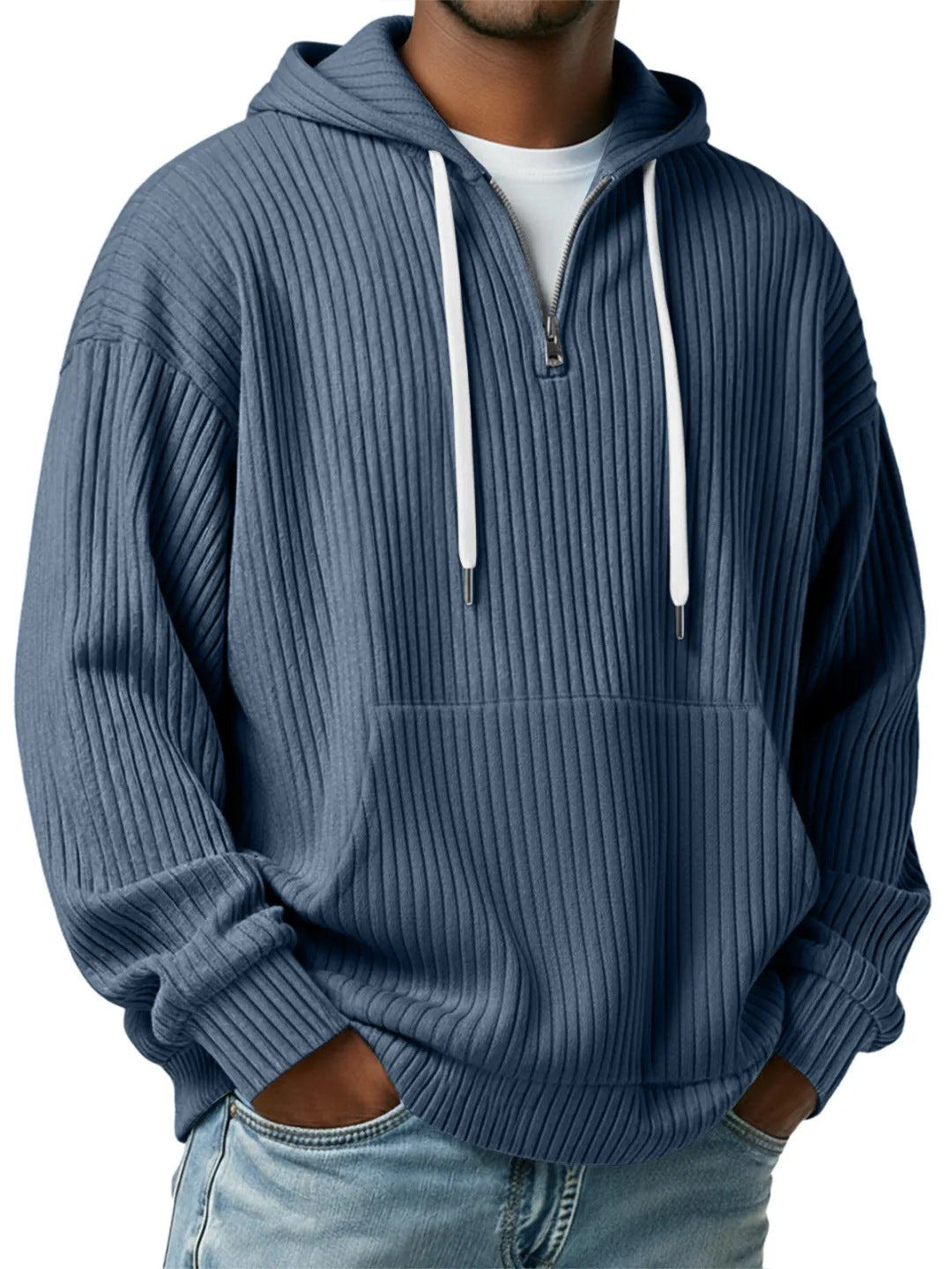Herren gerippter Halfzip-Hoodie mit Kapuze, Kängurutasche und oversized Casual-Schnitt Drune