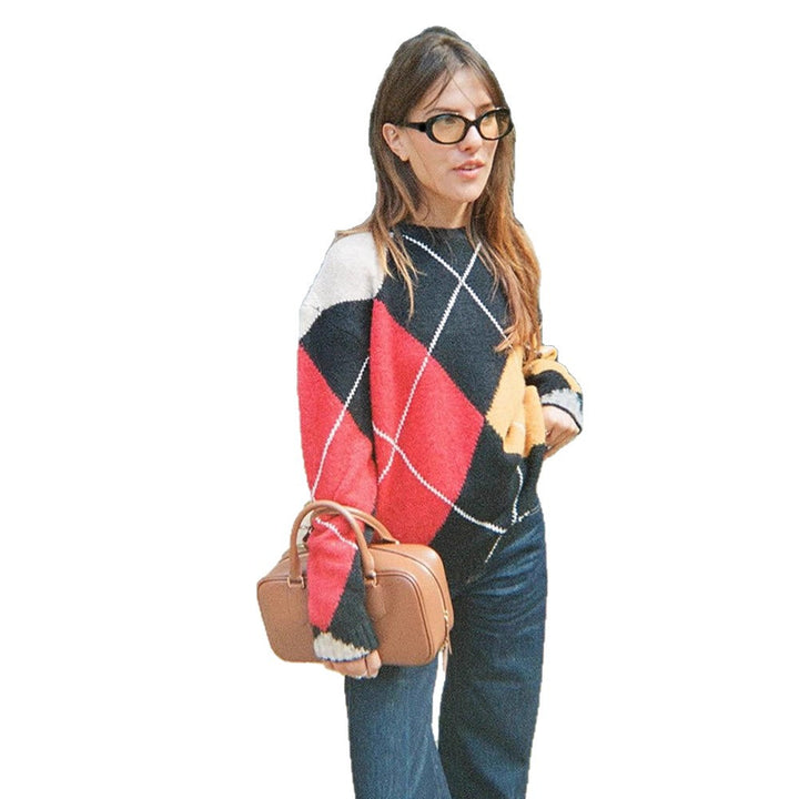 Damen Oversize Argyle-Pullover aus Mohair-Mix mit Rundhalsausschnitt und kontrastierenden Rautendetails Drune