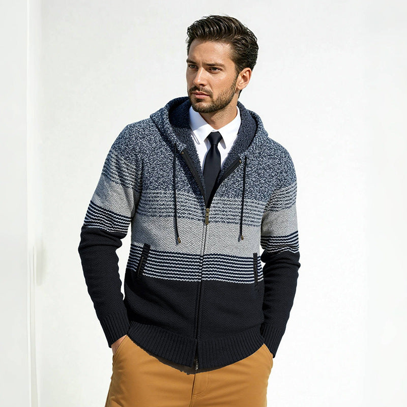 Herren Kapuzen-Strickzipjacke mit farbverlaufendem Blockstreifenmuster und thermischer Struktur Drune