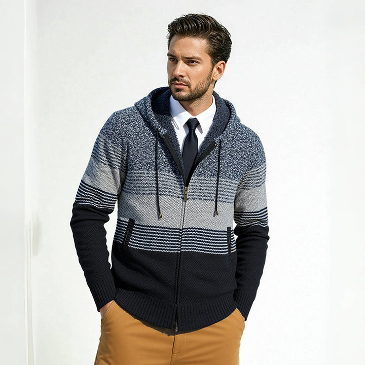 Herren Kapuzen-Strickzipjacke mit farbverlaufendem Blockstreifenmuster und thermischer Struktur Drune