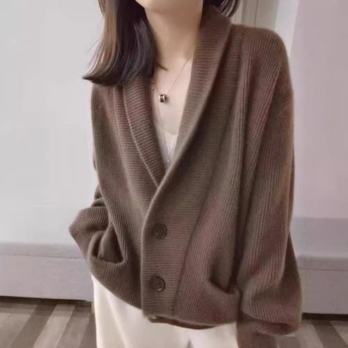 Damen Gemütlicher Strickcardigan mit breitem Revers und Taschen Drune