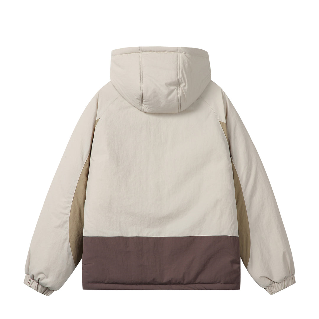 Unisex Boxy Colorblock Kapuzenpufferjacke mit winddichter Hülle und Reißverschlusstaschen Drune