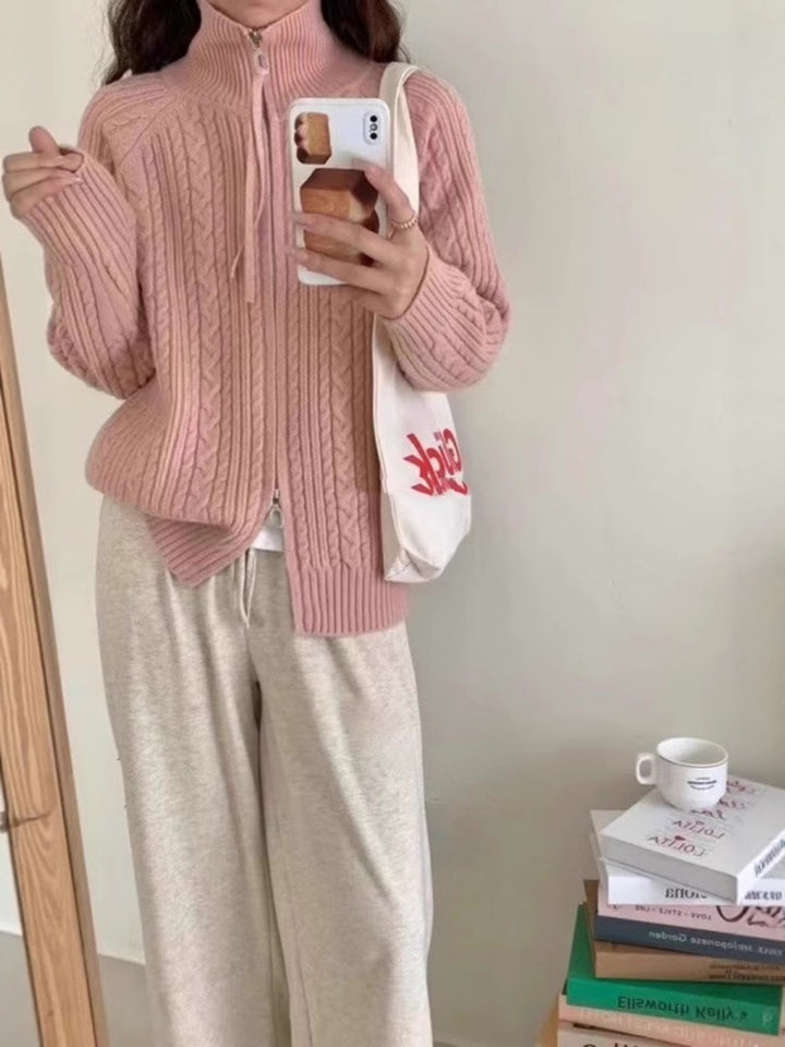 Damen Kastiger Zopfstrick‑Cardigan mit Zweiwege‑Reißverschluss, Stehkragen und breitem Rippsaum Drune